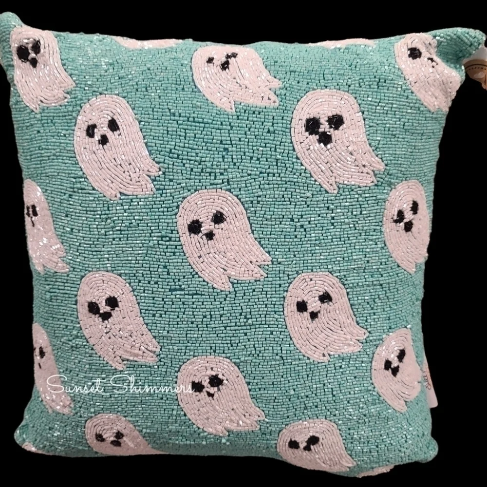 Blue Beaded Ghost Throw Pillow Decor New